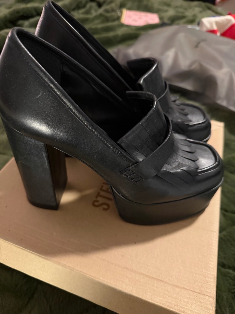 Steve Madden Black Fringe Platform Loafers with Block Heel - Picture 2 of 5